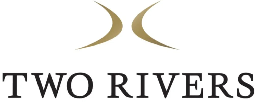 Two Rivers winery logo featuring a gold abstract curved symbol representing two converging rivers above the brand name