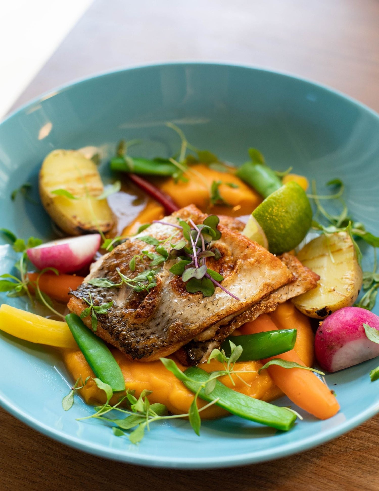 Pan-seared white fish on carrot puree with snap peas, baby carrots, radish and lime in a teal bowl — wine pairing for white fish
