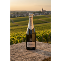 A.R. Lenoble Brut Intense Champagne bottle displayed on a terrace overlooking the vineyards of Champagne, France.