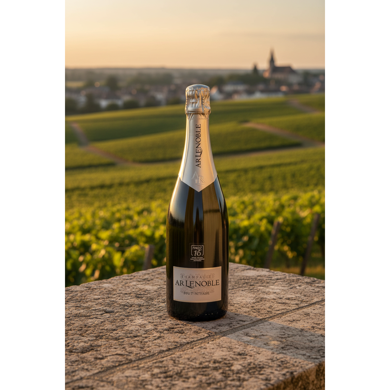 A.R. Lenoble Brut Intense Champagne bottle displayed on a terrace overlooking the vineyards of Champagne, France.