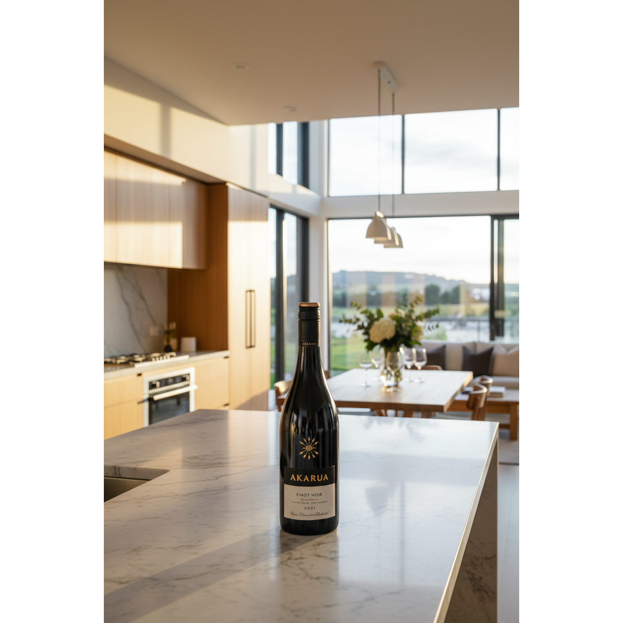 Akarua Pinot Noir Central Otago wine bottle displayed on a natural-stone kitchen island in a bright contemporary home.
