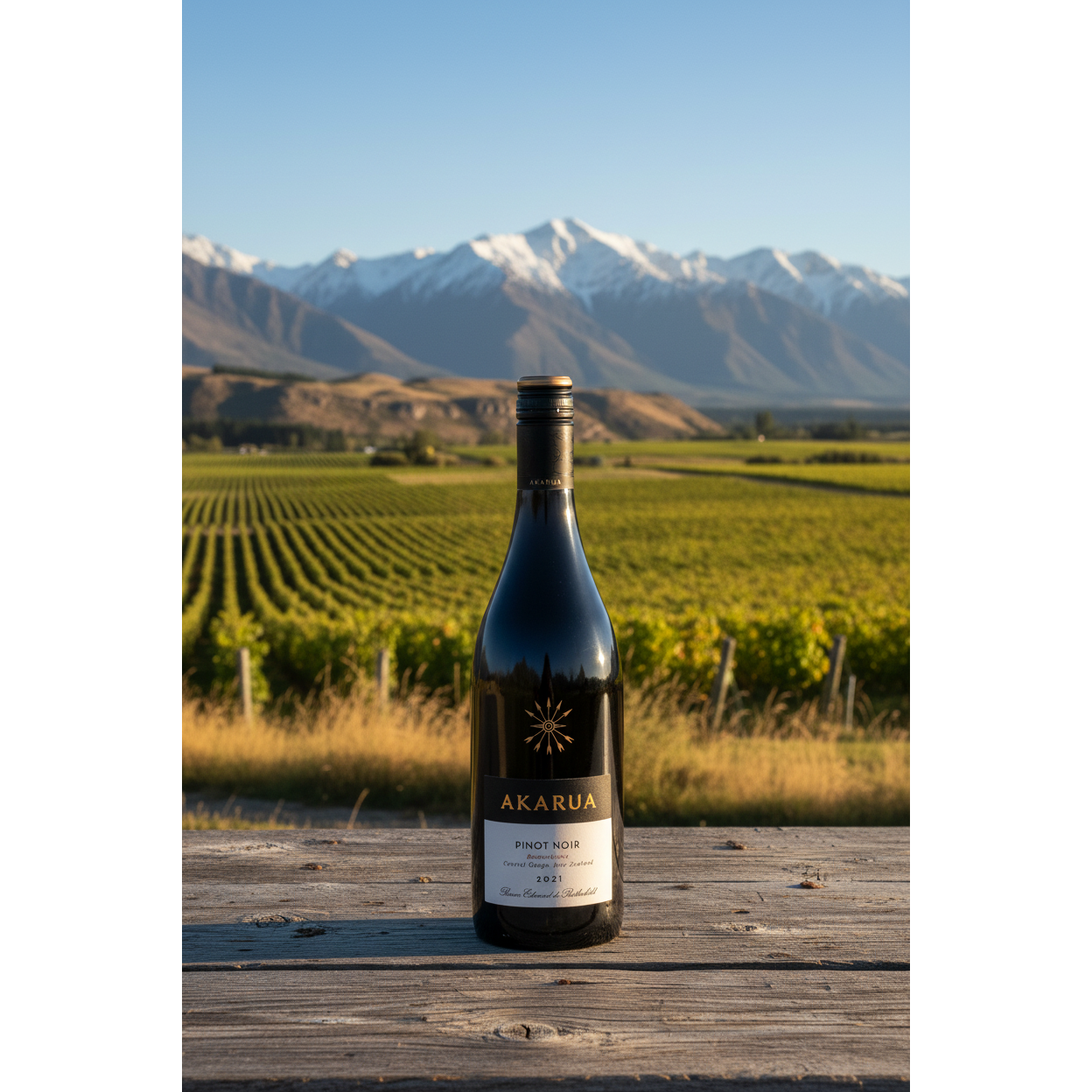Akarua Pinot Noir Central Otago wine bottle displayed on a timber table overlooking vineyards and mountains in Central Otago, New Zealand.