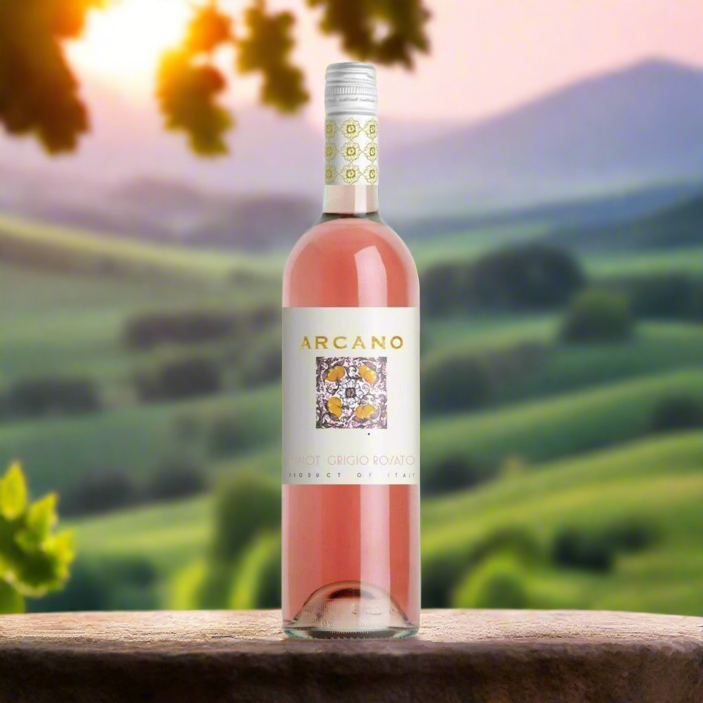 Tranquil Italian vineyard at sunrise, bottle of Pinot Grigio Rosé on a stone terrace overlooking vine-covered hills, soft pink sky and dewy morning light