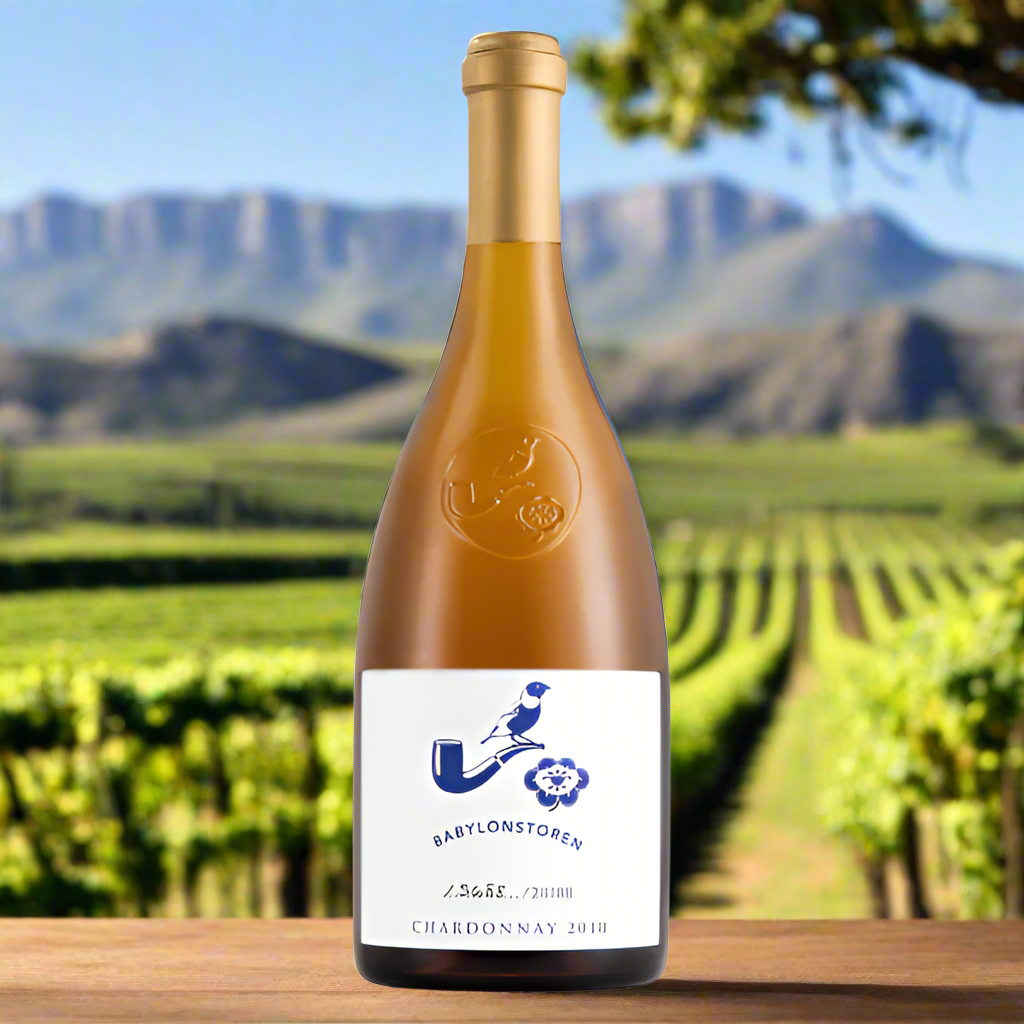 Babylonstoren Chardonnay bottle on table with vineyard backdrop