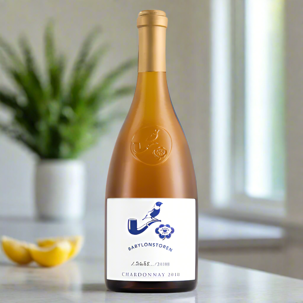 Babylonstoren Chardonnay bottle on marble kitchen counter with citrus and rosemary