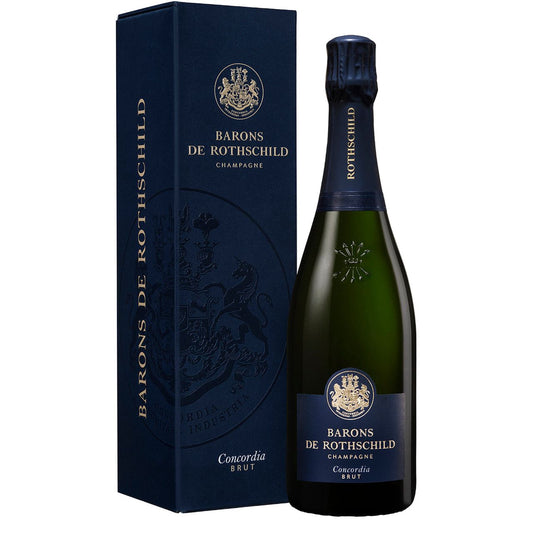 Barons de Rothschild champagne bottle and gift box on a white background