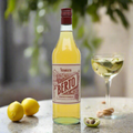 “An elegant Italian aperitivo scene with a bottle of Bèrto Vermouth Bianco by Quaglia on a sunlit terrazzo table, served with a chilled glass over ice, lemon zest, and green olives. Mediterranean garden setting with vintage flair.”
