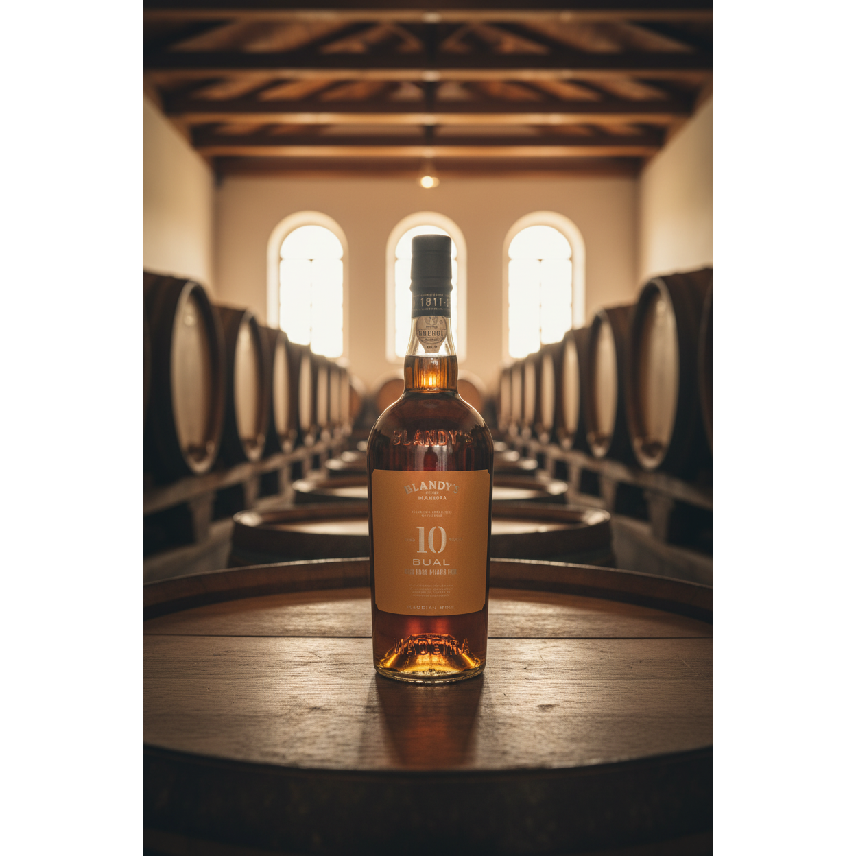 Blandy’s Bual 10 Year Old Madeira wine bottle displayed on an oak barrel inside a traditional Madeira wine lodge.