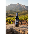 Bodegas Juan Gil Blue Label Jumilla wine bottle displayed on a stone terrace overlooking the vineyards and mountains of Jumilla, Spain.