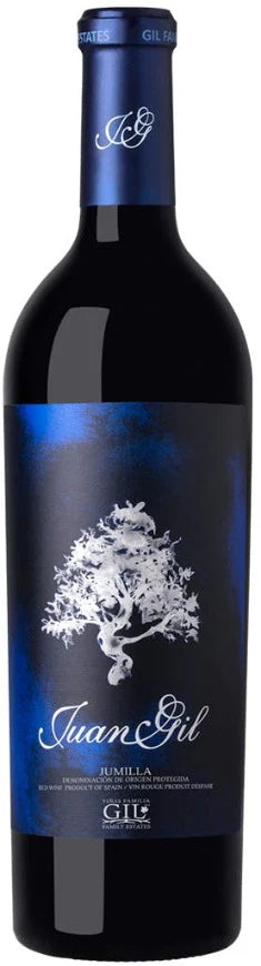 Bottle of Juan Gil Jumilla wine with a blue label on a white background