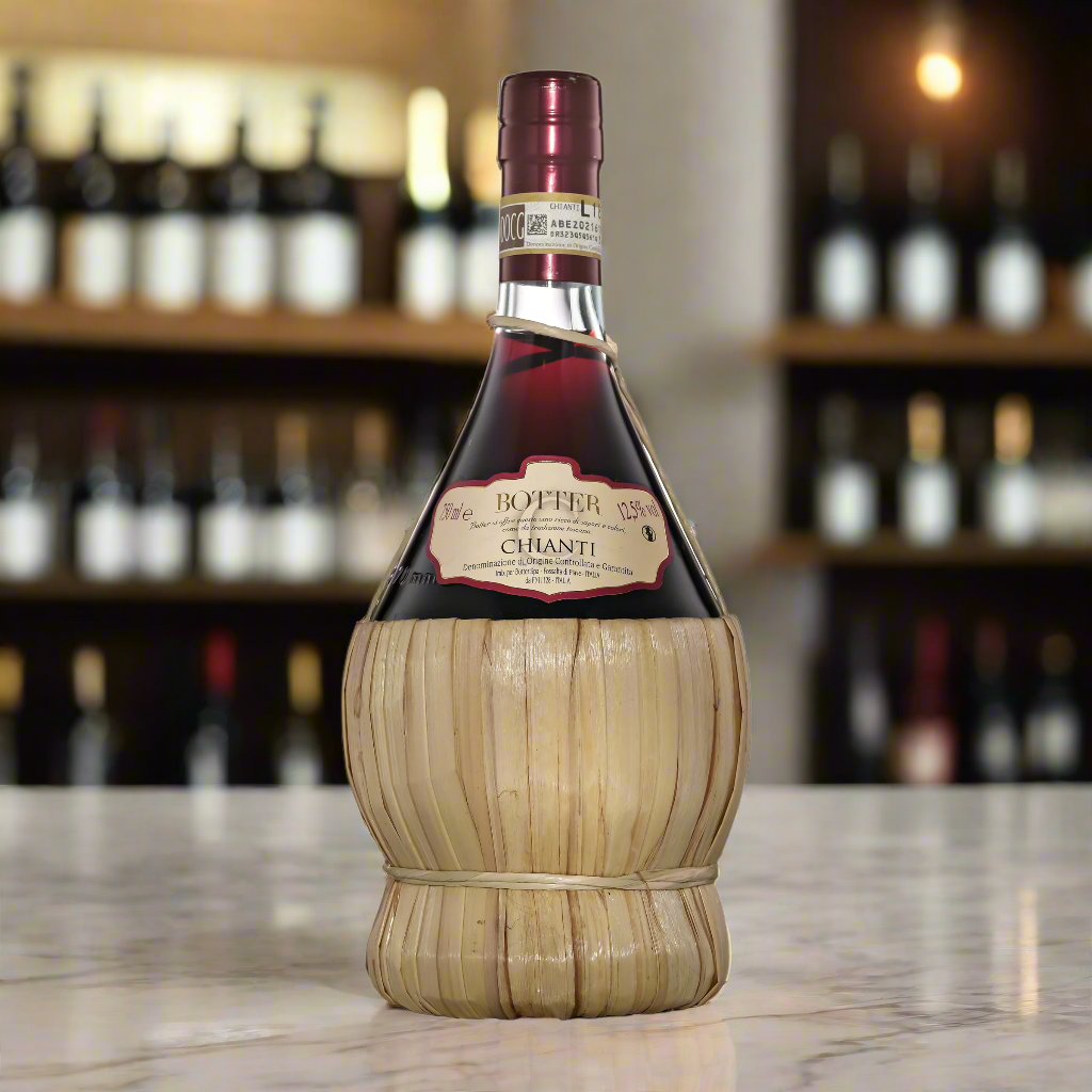 Botter Chianti wicker flask bottle on table in modern Italian restaurant