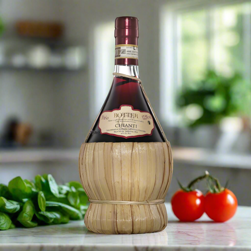 Botter Chianti wicker flask bottle on marble counter with basil and tomatoes