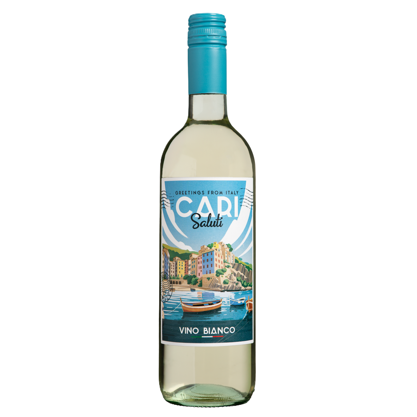 Bottle of Cadi Saluti Vino Bianco with a scenic label on a white background