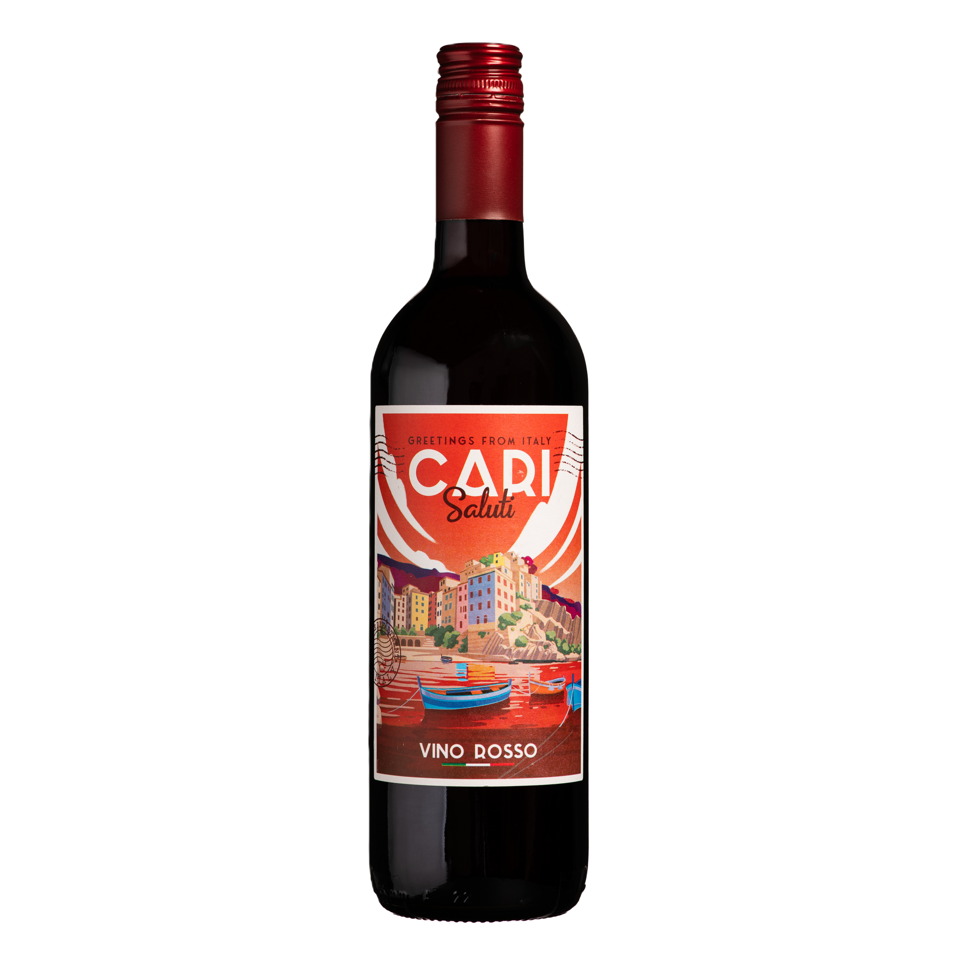 Red wine bottle with a colorful label featuring a scenic illustration and 'Cari Salute' branding.