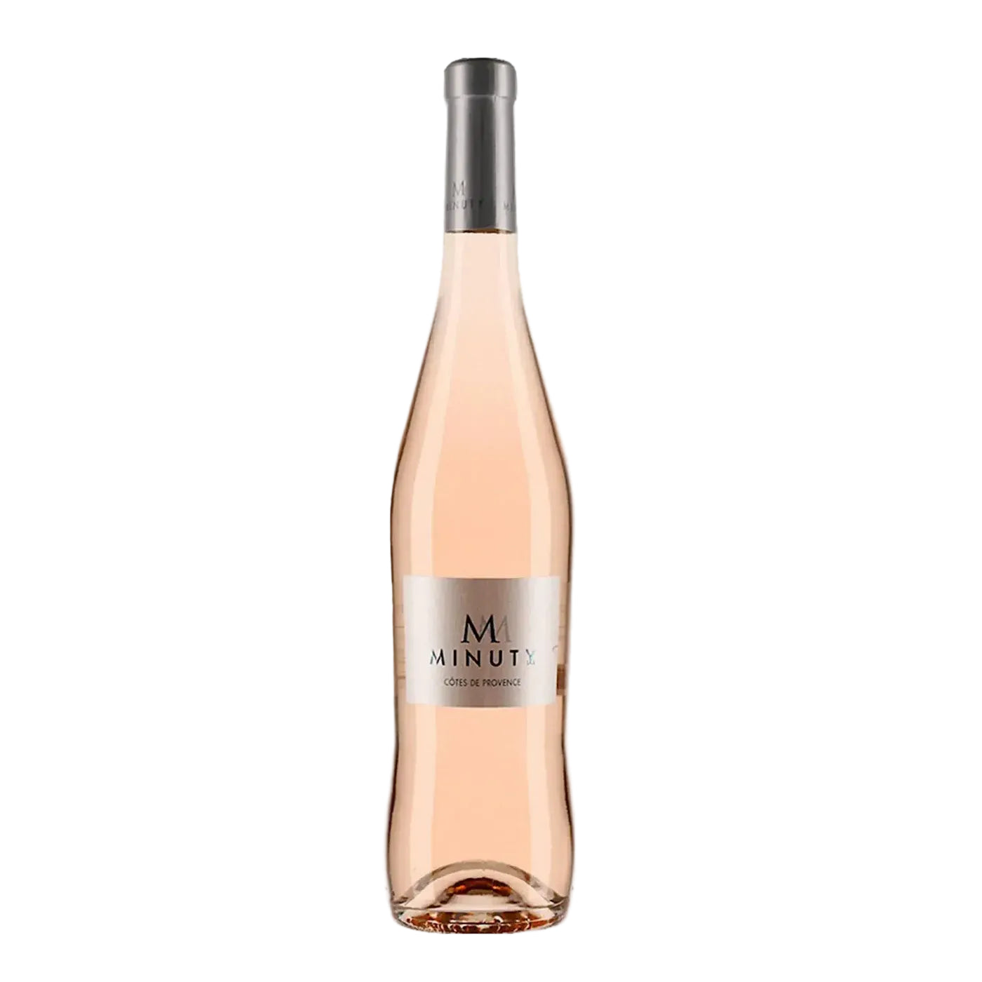 Chateau Minuty M Provence Rose bottle with a silver cap and label on a white background