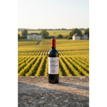 Chateau La Patache Pomerol wine bottle displayed on a stone terrace overlooking the vineyards of Pomerol in Bordeaux.