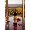 Chateau Montelena Cabernet Sauvignon displayed on a wooden table overlooking a Napa Valley vineyard at sunset.