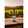 Chateau Montelena Chardonnay on a rustic wooden table in a sun-drenched Napa Valley vineyard at golden hour