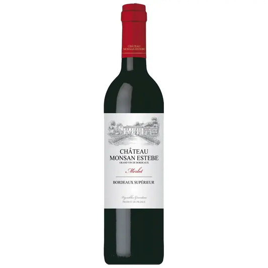 Chateau Monsan Estebe Bordeaux Superieur wine bottle with a white label on a white background