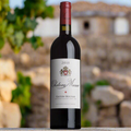 Chateau Musar Red 2018 bottle on vineyard stone wall, Bekaa Valley backdrop