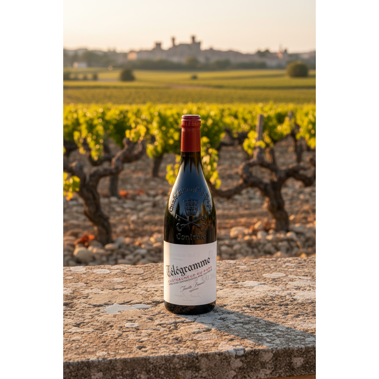 Châteauneuf-du-Pape Télégramme wine bottle displayed on a stone table overlooking vineyards and galets roulés in the Southern Rhône Valley.