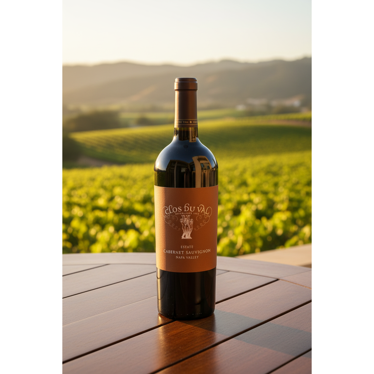 Clos du Val Cabernet Sauvignon bottle displayed on a vineyard terrace overlooking Napa Valley vineyards at sunset.
