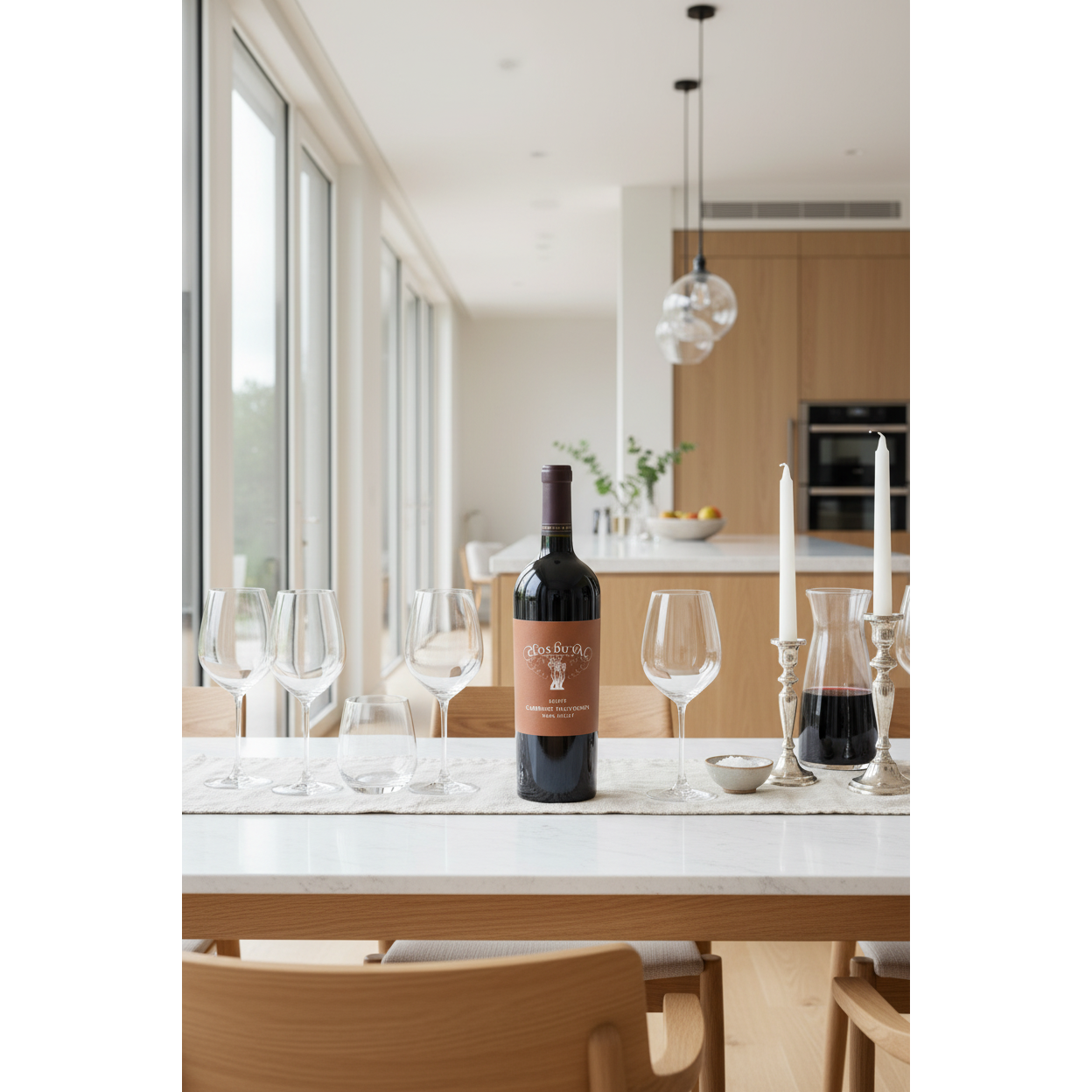 Clos du Val Cabernet Sauvignon bottle displayed on a contemporary dining table in a bright modern kitchen-dining space.