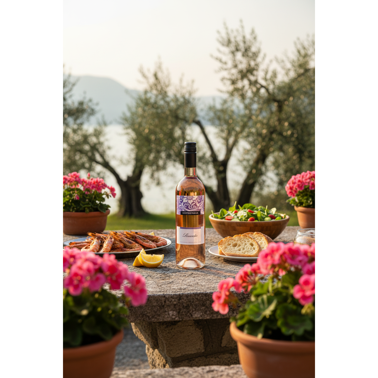 Cortestrada Veneto Rosato bottle displayed on a sunlit Italian lakeside terrace with Mediterranean lunch.