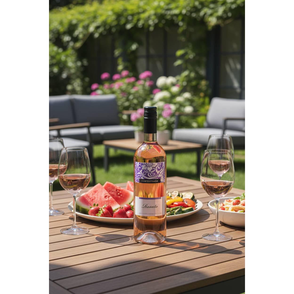 Cortestrada Veneto Rosato bottle displayed on a modern garden dining table with fresh summer food and sunshine.