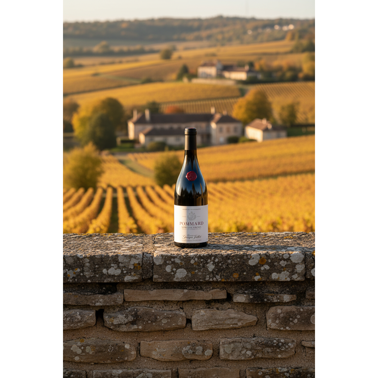 Domaine Georges Joillot Pommard wine bottle displayed on a stone wall overlooking the vineyards of Pommard in Burgundy.