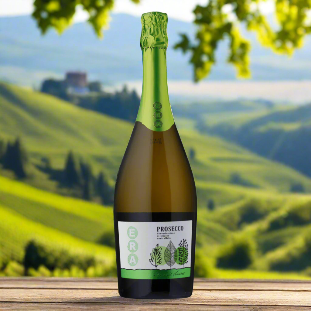 Organic vineyard in northern Italy with lush green vines and wildflowers, bottle of Prosecco on a rustic wooden table, soft golden light and gentle hills in the background