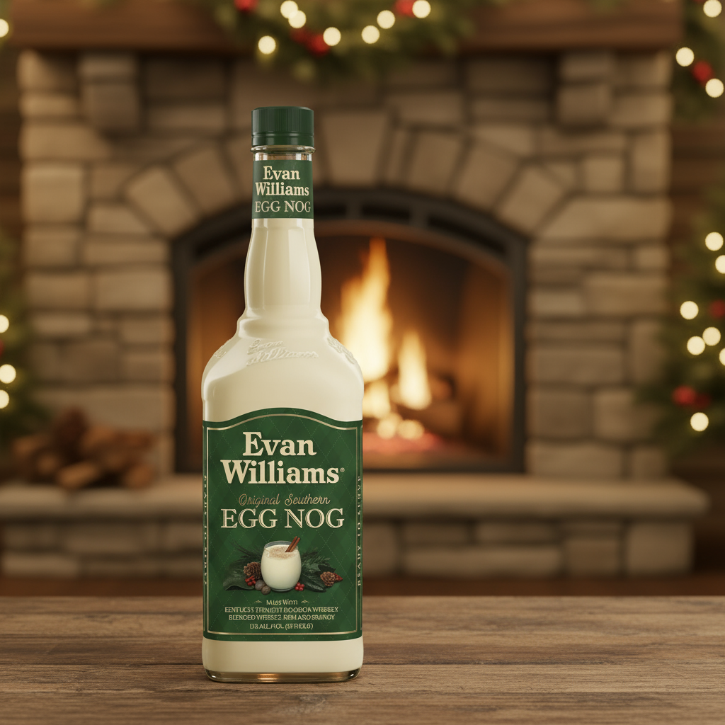 Evan Williams Egg Nog bottle in cosy festive scene with fireplace, pine garland and golden lights.