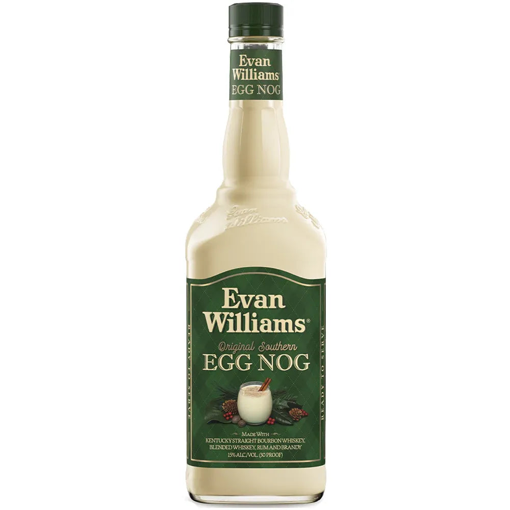 Bottle of Evan Williams Egg Nog on a white background