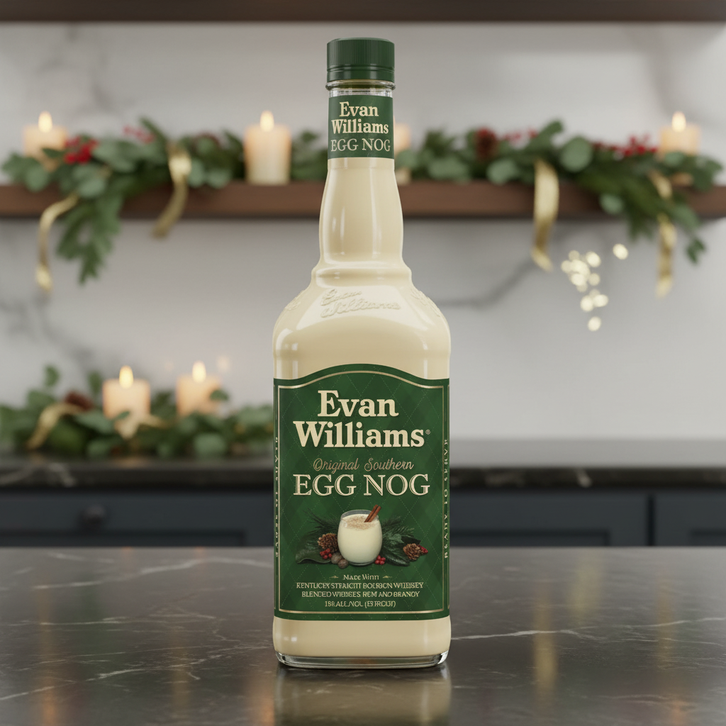 Evan Williams Egg Nog bottle on modern festive kitchen counter with candles and gold holiday décor.