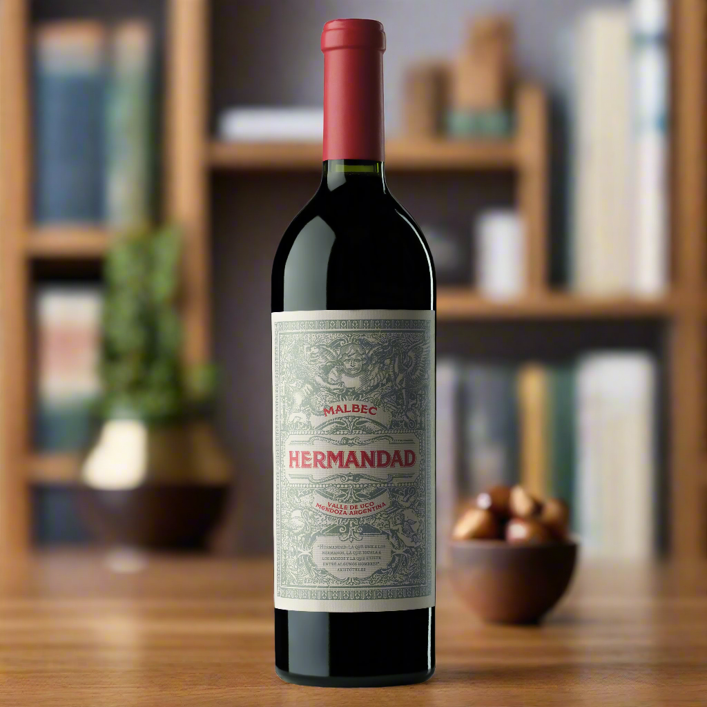Falasco Hermandad Malbec bottle on stylish bookshelf bar with figs and books