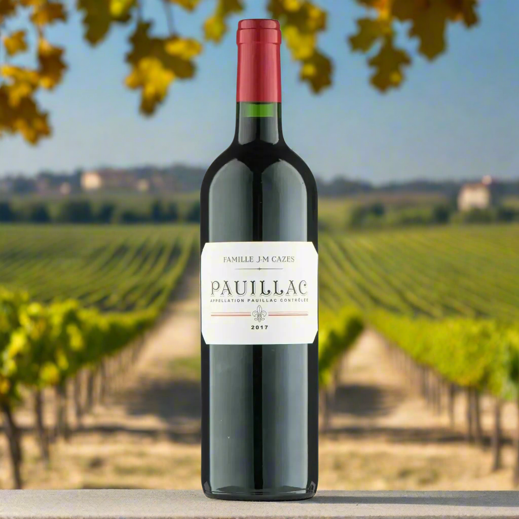 Famille JM Cazes Pauillac 2019 bottle on a terrace with Bordeaux vineyard and autumn vines