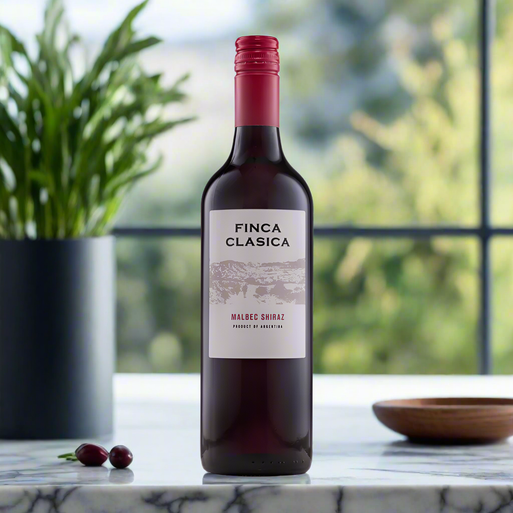 Finca Clasica Malbec & Shiraz bottle on marble counter with herbs and olives
