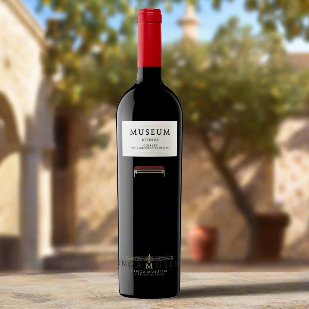 Finca Museum Museum Cigales Reserva 2020 in a sunlit Spanish courtyard with olives and herbs.