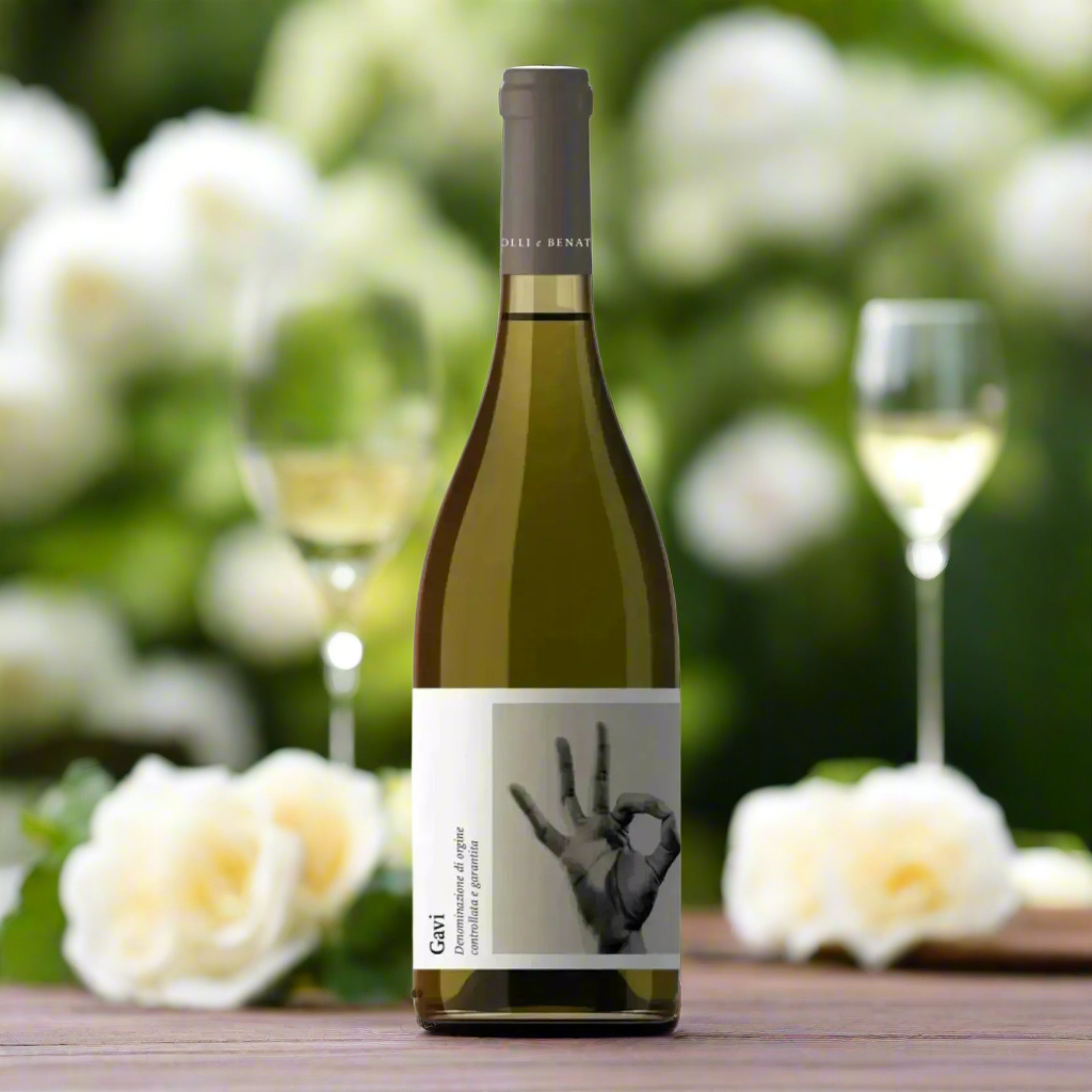 Place a bottle of Folli & Benato Gavi on an outdoor brunch table with fresh flowers, glassware, and soft morning light in a stylish garden setting.
