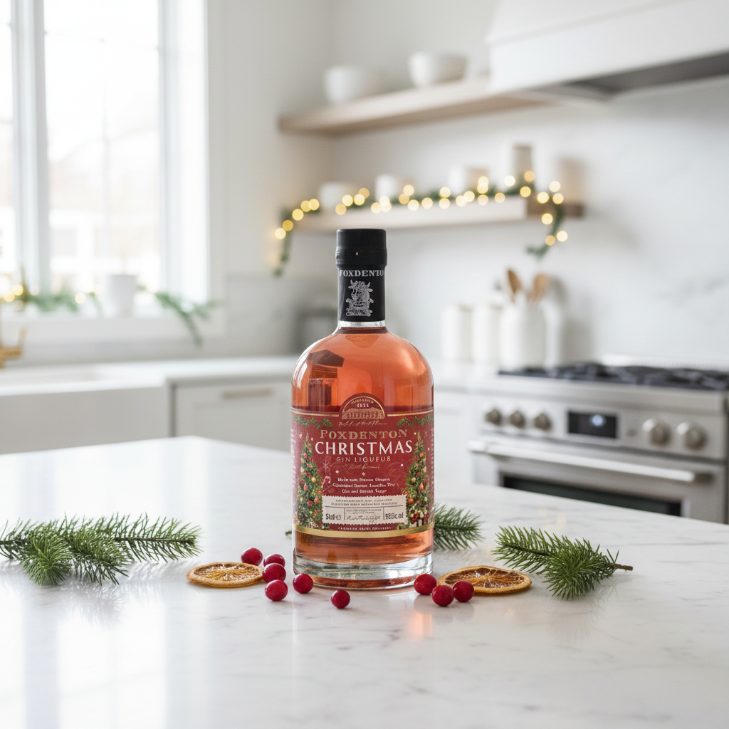 Foxdenton Christmas Gin Liqueur bottle on a bright modern kitchen counter with festive pine, berries and soft Christmas lights.