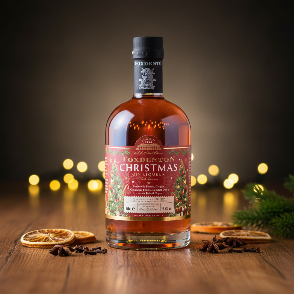 Foxdenton Christmas Gin Liqueur bottle on a rustic table with subtle festive spices, pine and warm Christmas lights.