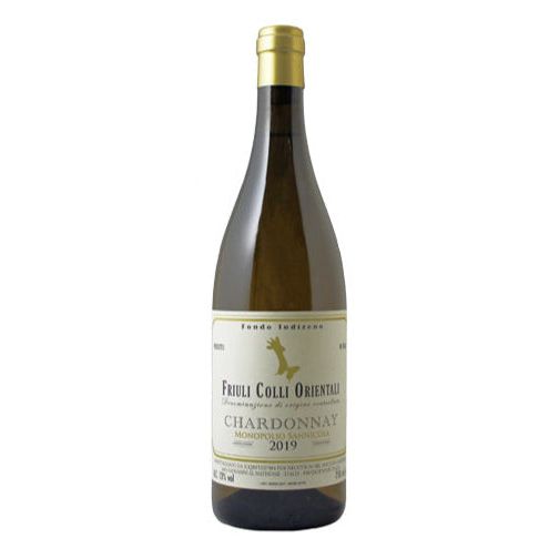 A bottle of Fondo Indizeno 'Monopolio Sannicola' Chardonnay Colli Orientali del Friuli iwn on a white background