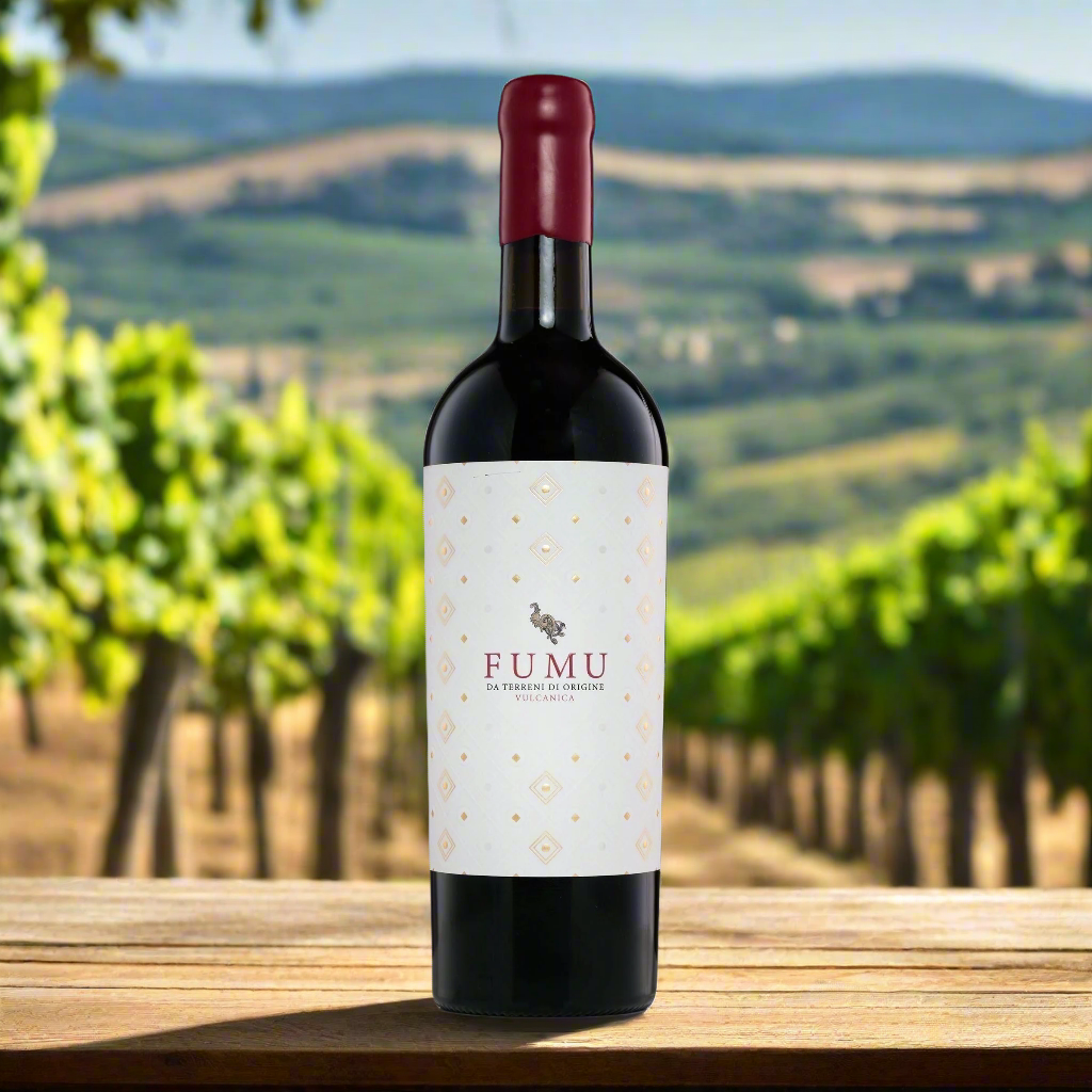 Place a bottle of Fumu Rosso Terre Siciliane IGT on a rustic wooden table with sun-drenched Sicilian vineyards in the background, capturing the warmth of the island.