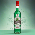 Gabriel Boudier Crème de Menthe Green with floating mint leaves and ice on green background.