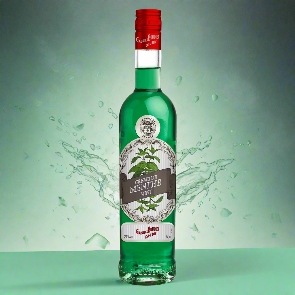 Gabriel Boudier Crème de Menthe Green with floating mint leaves and ice on green background.