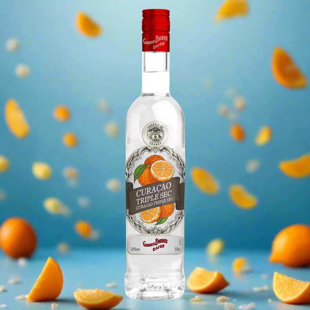 Bright studio-lit background with a white terrazzo counter, vibrant orange peels and crystal-clear citrus slices, subtle reflections, clean blue gradient backdrop suggesting freshness and clarity, no people or glass