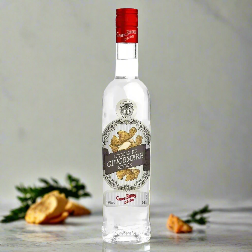 Gabriel Boudier Liqueur De Gingembre bottle on marble counter with ginger slices in modern setting.