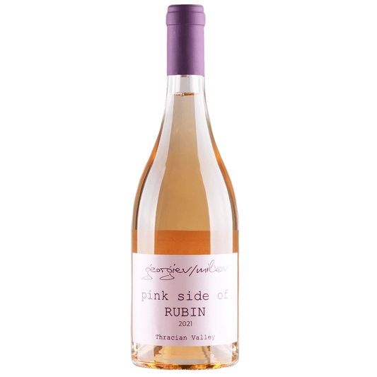 Bottle of 'Pink Side of Rubin' wine with a purple cap on a white background
