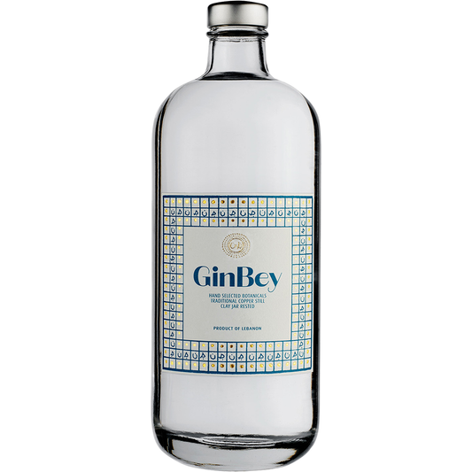 GinBey gin bottle with a geometric label on a white background