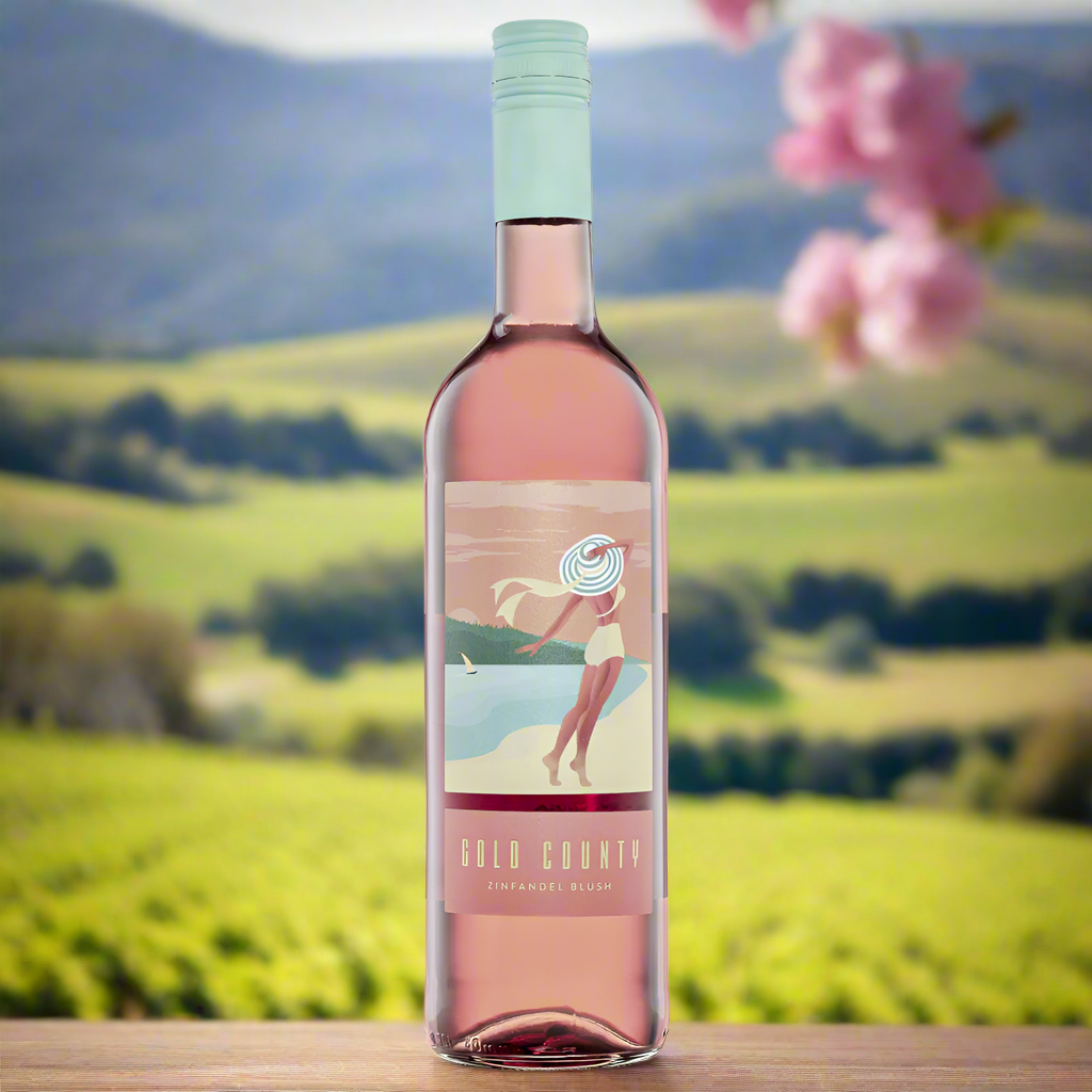 Sunny Californian vineyard with golden hills in the background, a bottle of Zinfandel blush on a rustic table with a vintage lantern, soft pink flowers, and grapevines nearby